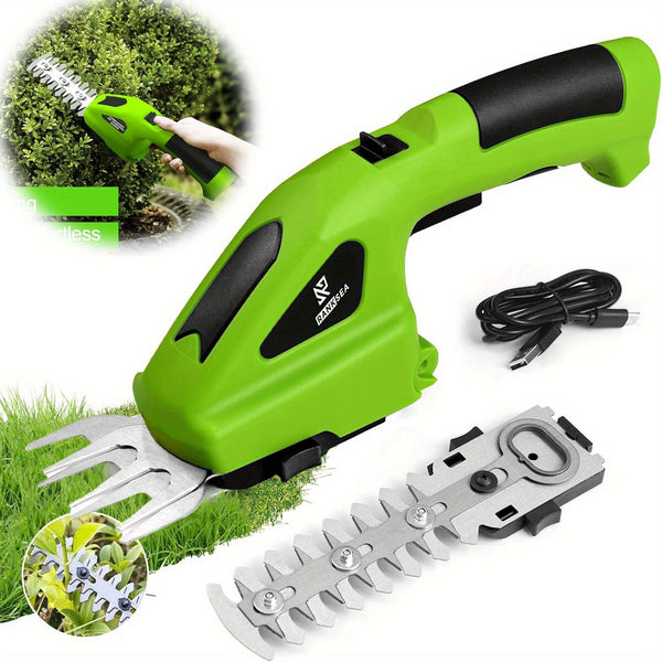 2-in-1 Cordless Electric Grass Shears Hedge Trimmer, 7.2V Rechargeable Lithium Battery Powered, USB Type-C Compatible, Alloy Steel Blade, Lightweight Design for Garden and Lawn Care