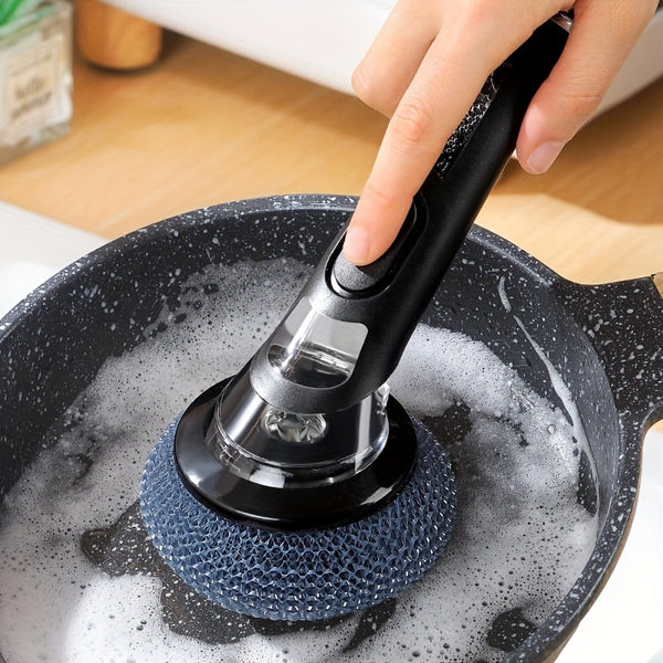 Non-Electric Steel Wool Brush - 1pc Pot Brush with Handle - Cleaning Brush with Soap Dispenser for Pans, Bowls, Non-Stick Pans and Stove Sink Decontamination