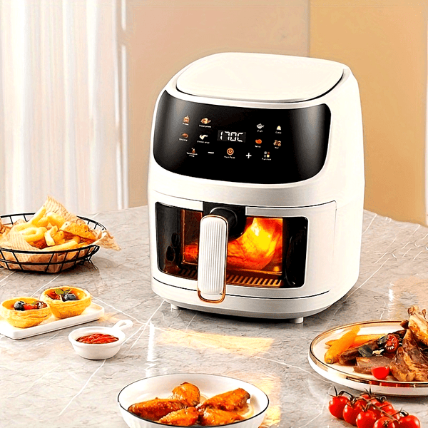 6L Large Capacity Air Fryer with Transparent Viewing Window, Smart Touch Panel, Adjustable Timer & Temperature Control, High Borosilicate Glass Liner, British Specification Plug, Safe for Use at Home or Restaurants, Air Fryer