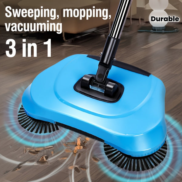 3in1 Manual Broom and Vacuum Combo with Long Handle - Automatic Deep Cleaning System, Sweeping, Mopping, Vacuuming - for Hardwood, Tile, Linoleum Floors - Ideal for Kitchen, Office, Living Room, Bedroom - Space-Saving Cleanin